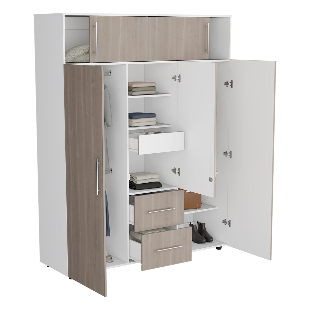 Closet Bigaf Bardolino y Blanco 160x204cm Con Tres Cajones y Cuatro Entrepaños - CLOSETS | Bylmo