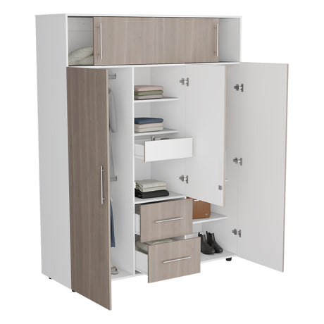 Closet Bigaf Bardolino y Blanco 160x204cm Con Tres Cajones y Cuatro Entrepaños - CLOSETS | Bylmo