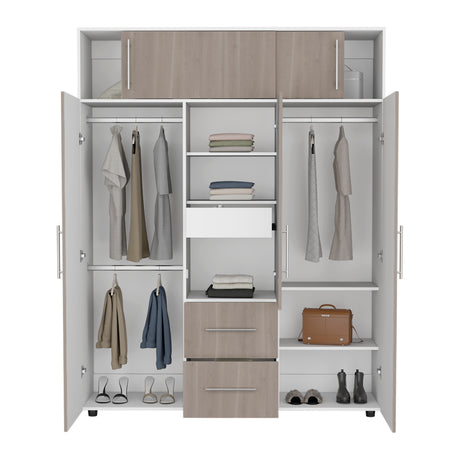 Closet Bigaf Bardolino y Blanco 160x204cm Con Tres Cajones y Cuatro Entrepaños - CLOSETS | Bylmo