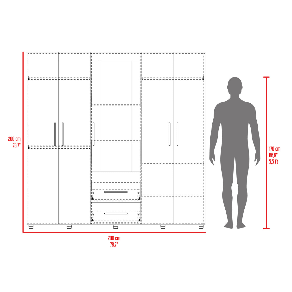 Closet Bigaf Fresno Europeo y Blanco 200x200cm Con Dos Cajones y Cuatro Entrepaños y Espejo - CLOSETS | Bylmo