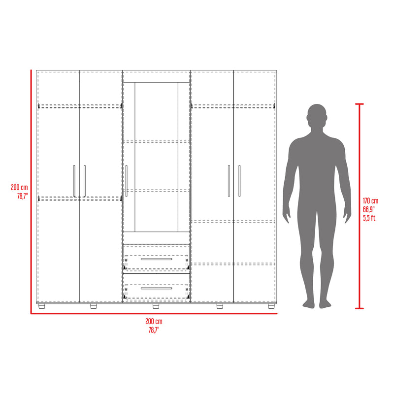 Closet Bigaf Fresno Europeo Y Blanco 230x200cm Con Dos Cajones Y Cuatro Entrepaños Y Espejo