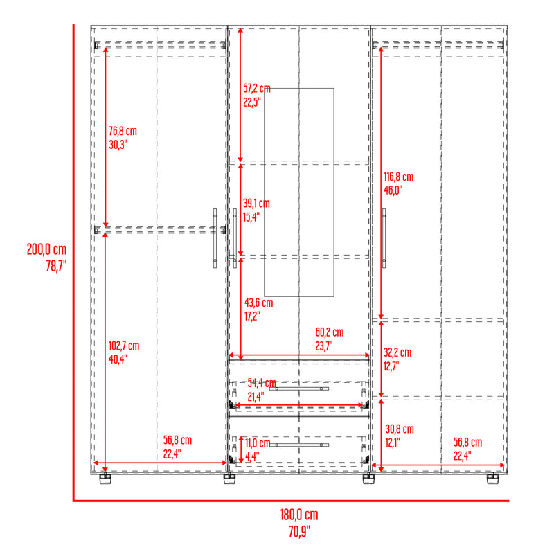 Closet Grayson Fresno Europeo Y Wengue 180x200cm Con Dos Cajones Y Tres Entrepaños Y Espejo