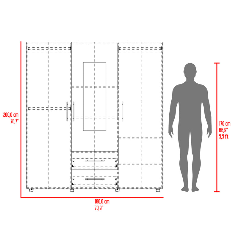 Closet Grayson Fresno Europeo Y Wengue 180x200cm Con Dos Cajones Y Tres Entrepaños Y Espejo