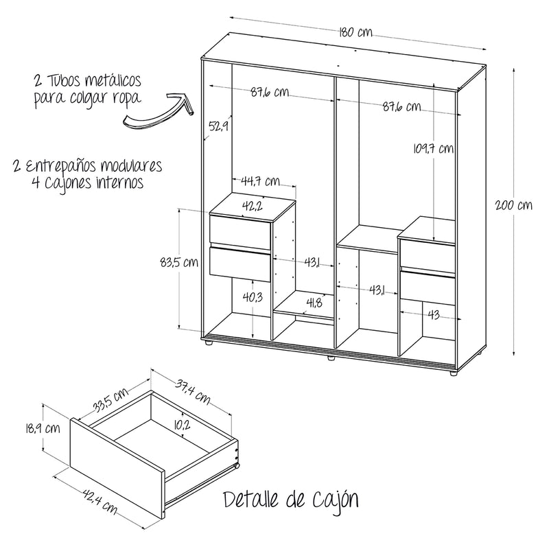 Closet Berlin Gales Y Wengue 180x200cm Con Cuatro Cajones Y Dos Entrepaños