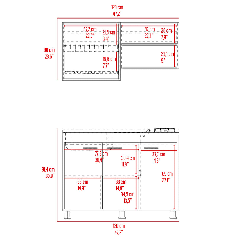 Cocina Antares Bardolino Y Blanco 120x60cm Con Mesón Estufa Y Pozuelo Perforacion Izquierda