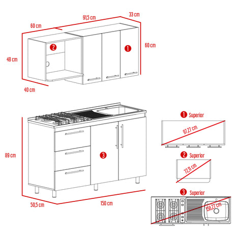 Cocina Alarcon Bellota y Blanco 150x60cm Con Mesón Estufa y Pozuelo Perforacion Derecha - COCINAS | Bylmo