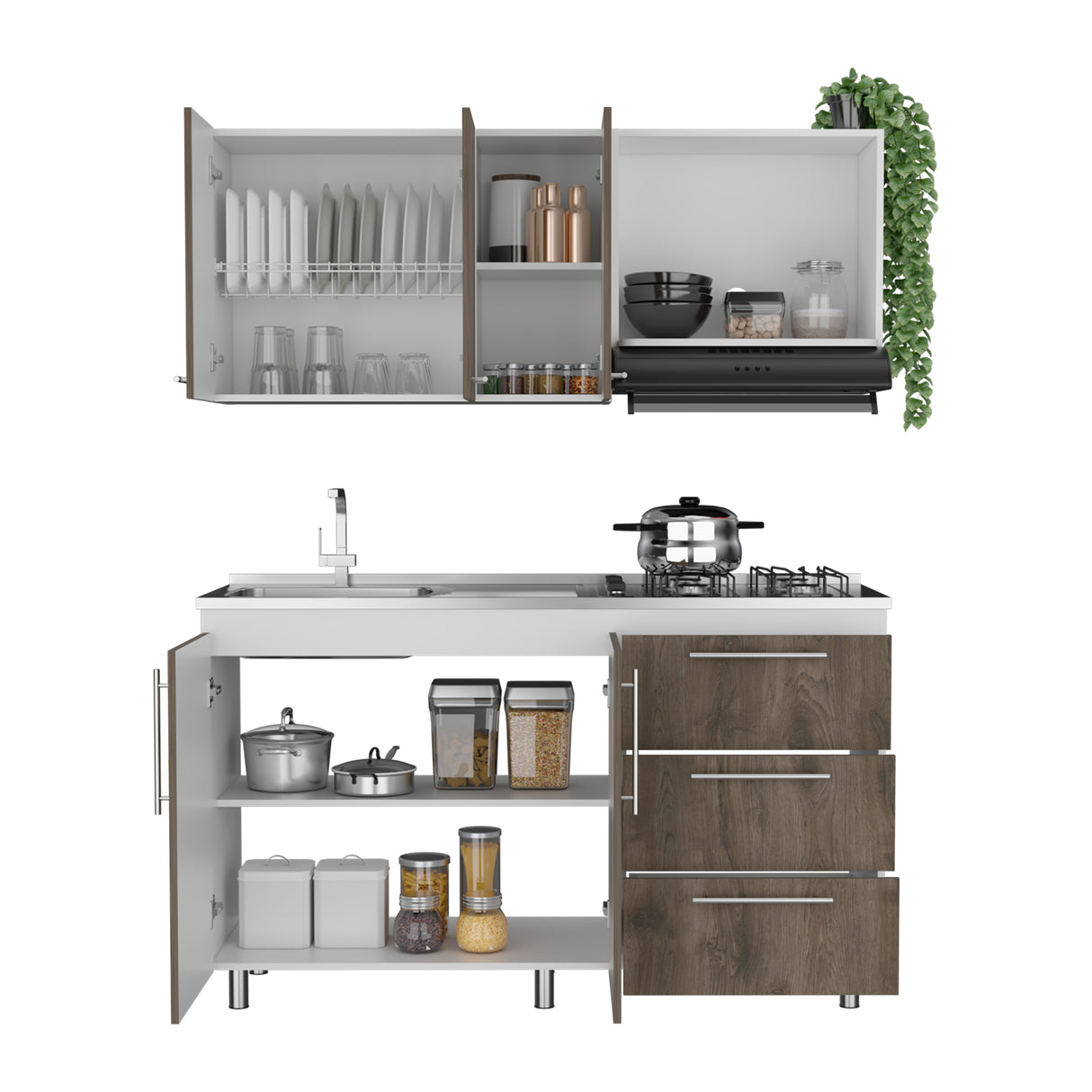 Cocina Alarcon Bellota y Blanco 150x60cm Con Mesón Estufa y Pozuelo Perforacion Izquierda - COCINAS | Bylmo