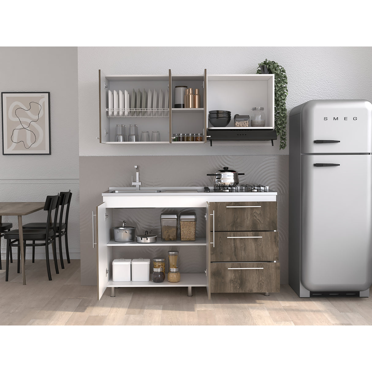 Cocina Alarcon Bellota y Blanco 150x60cm Con Mesón Estufa y Pozuelo Perforacion Izquierda - COCINAS | Bylmo