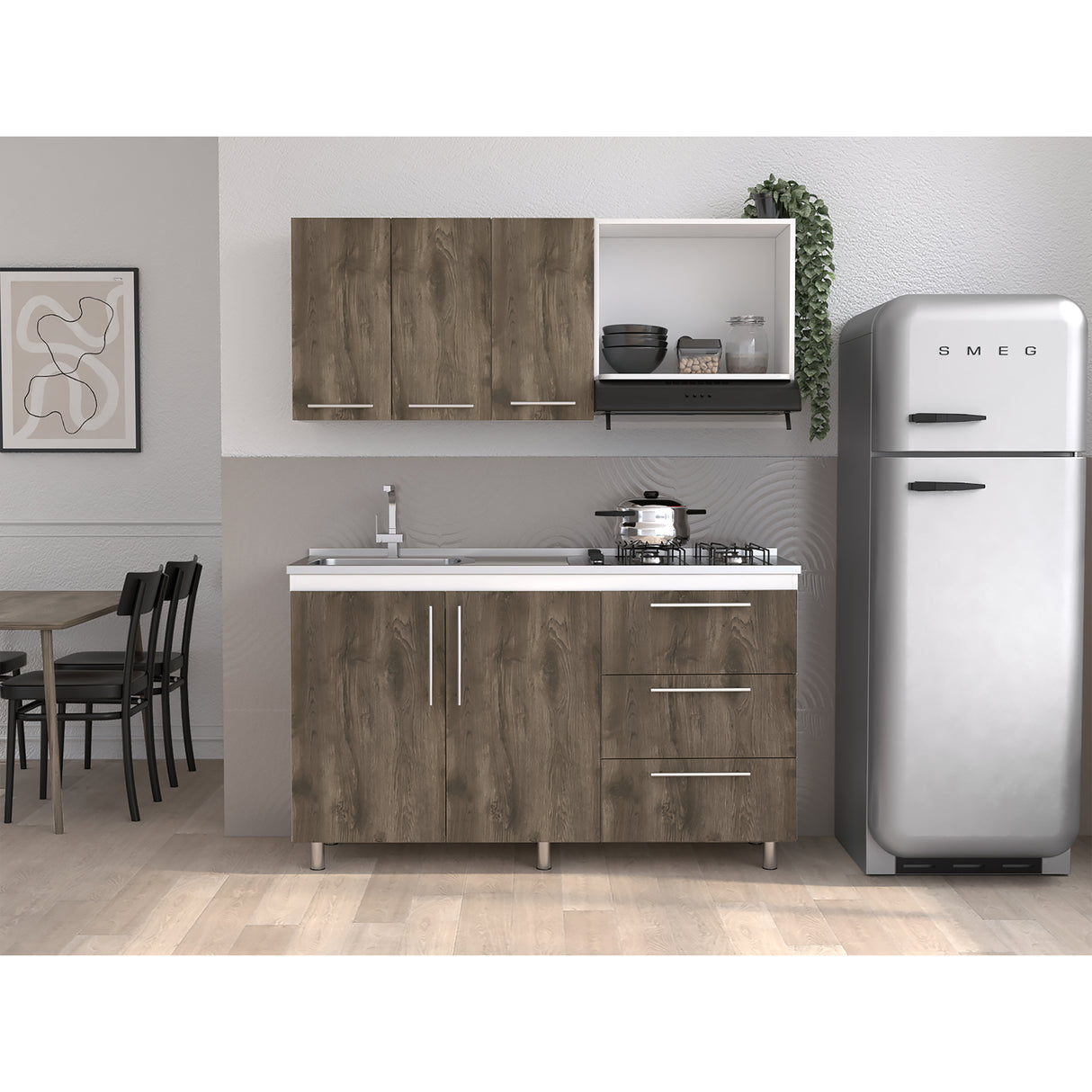 Cocina Alarcon Bellota y Blanco 150x60cm Con Mesón Estufa y Pozuelo Perforacion Izquierda - COCINAS | Bylmo