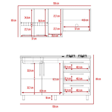 Cocina Alarcon Bellota y Blanco 150x60cm Con Mesón Estufa y Pozuelo Perforacion Izquierda - COCINAS | Bylmo