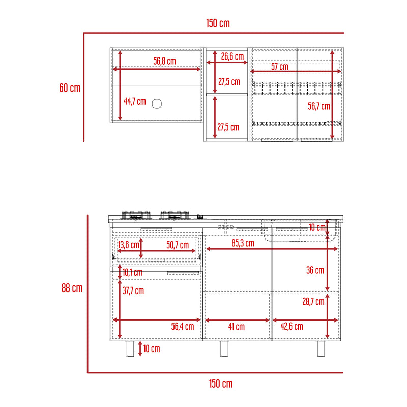 Cocina Belotti Bellota Y Blanco 150x60cm Con Mesón Estufa Y Pozuelo Perforacion Derecha