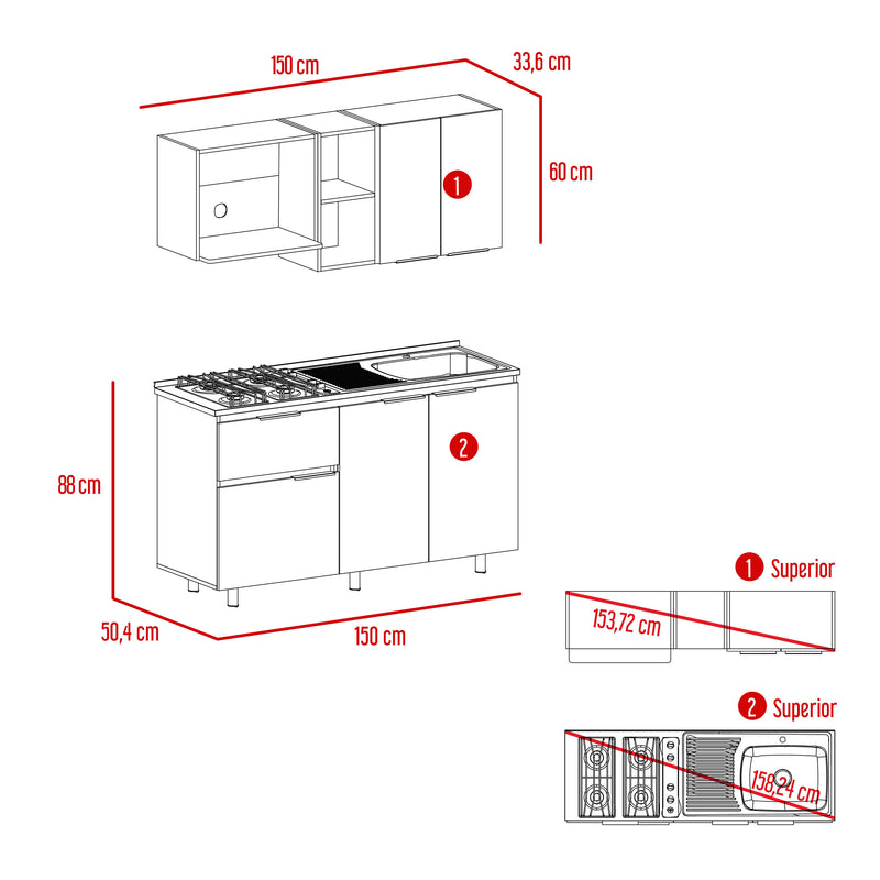 Cocina Belotti Bellota Y Blanco 150x60cm Con Mesón Estufa Y Pozuelo Perforacion Derecha