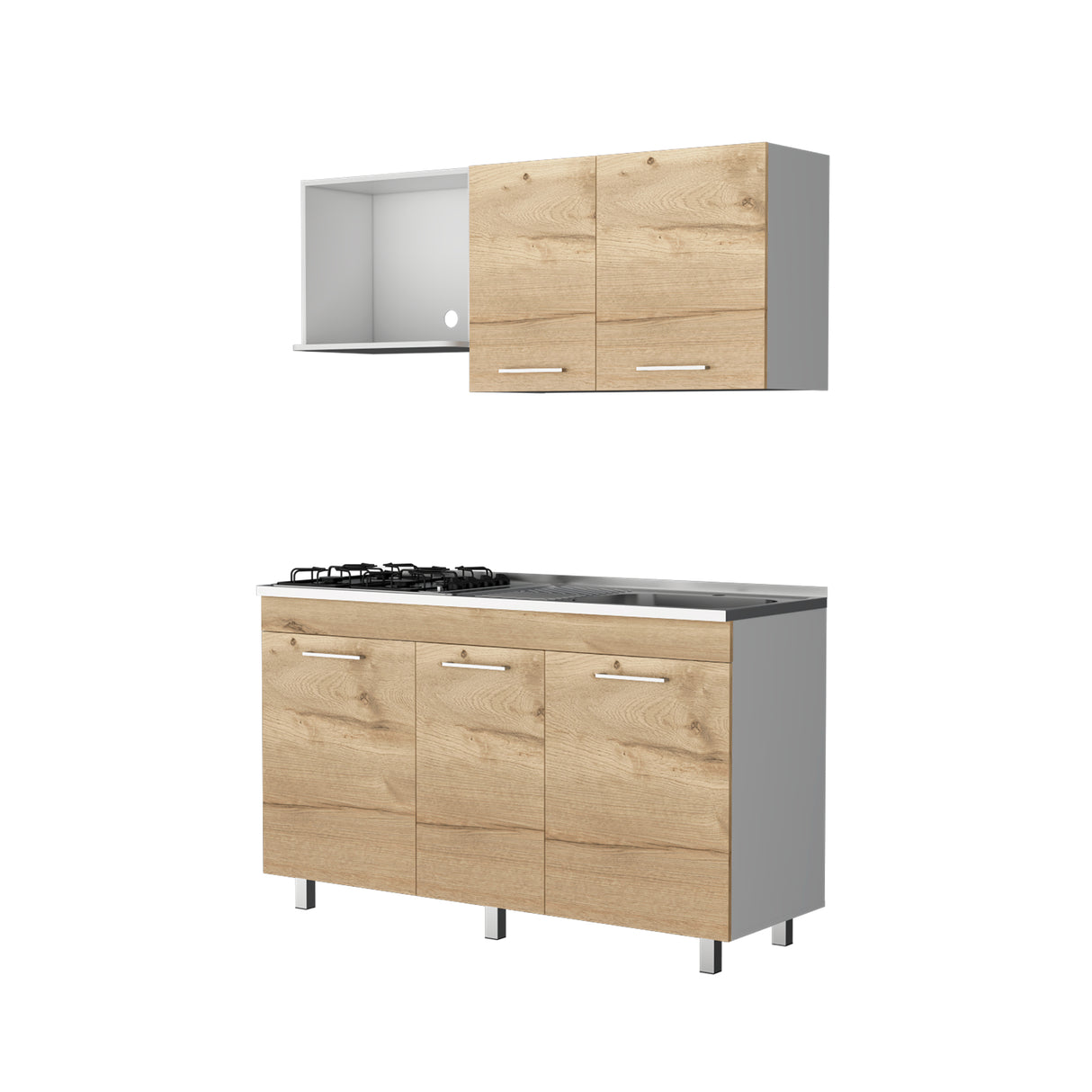 Cocina Miro Eco Duna y Blanco 150x60cm Con Mesón Estufa y Pozuelo Perforacion Derecha - COCINAS | Bylmo