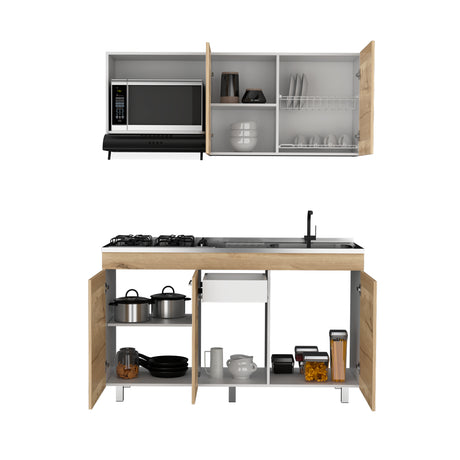 Cocina Miro Eco Duna y Blanco 150x60cm Con Mesón Estufa y Pozuelo Perforacion Derecha - COCINAS | Bylmo