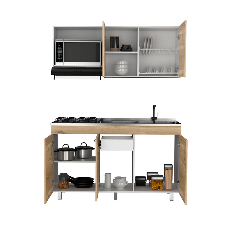 Cocina Miro Eco Duna Y Blanco 150x60cm Con Mesón Estufa Y Pozuelo Perforacion Derecha