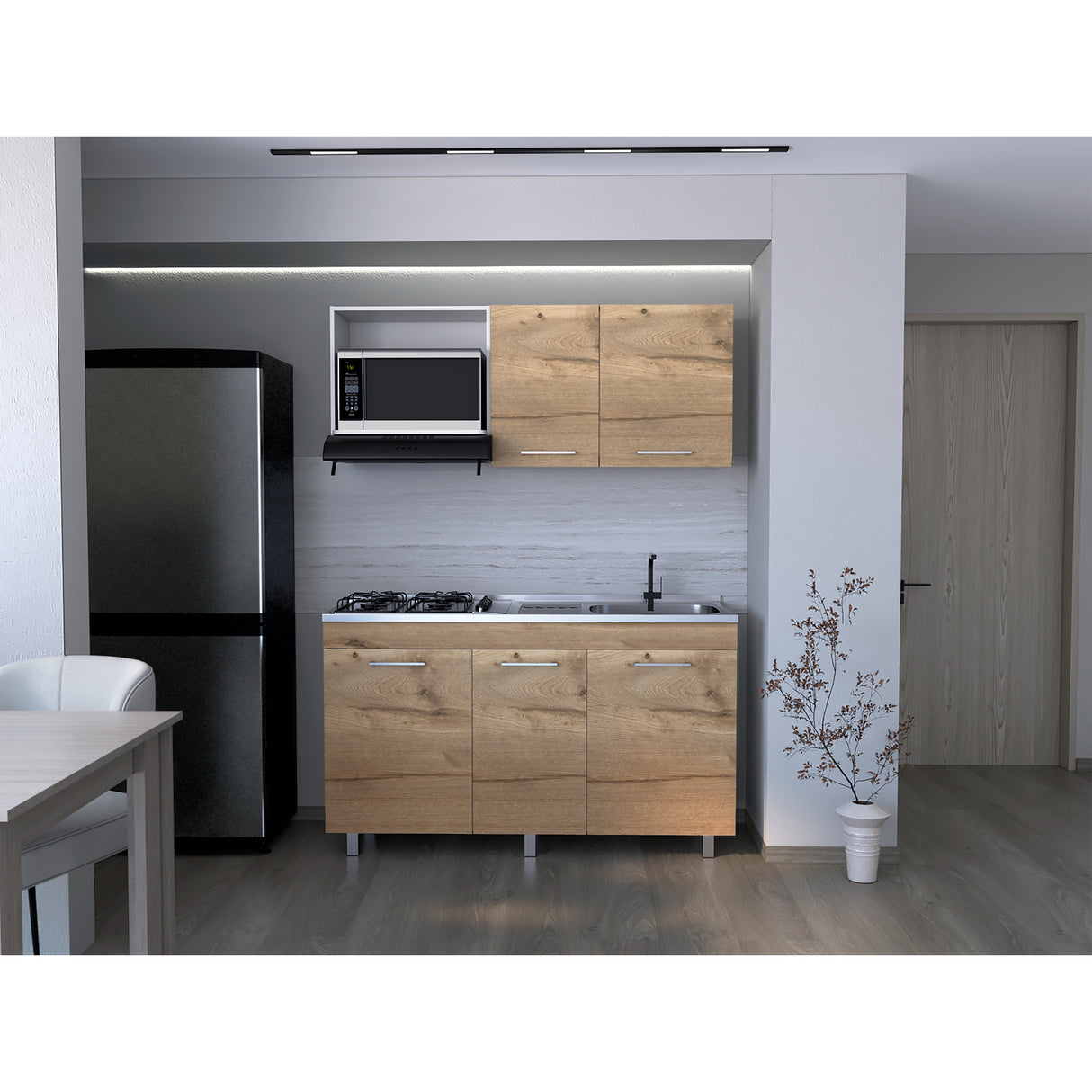 Cocina Miro Eco Duna y Blanco 150x60cm Con Mesón Estufa y Pozuelo Perforacion Derecha - COCINAS | Bylmo