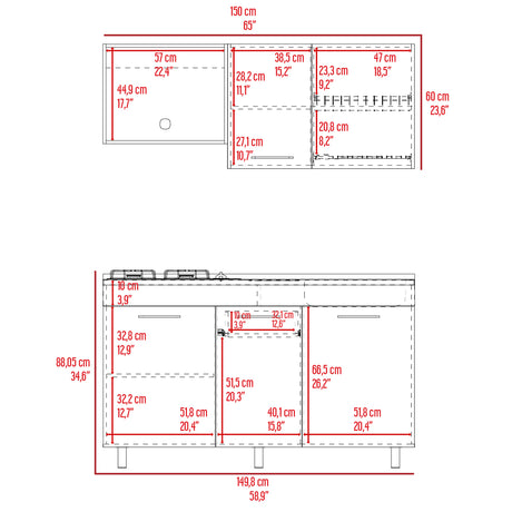 Cocina Miro Eco Duna y Blanco 150x60cm Con Mesón Estufa y Pozuelo Perforacion Derecha - COCINAS | Bylmo