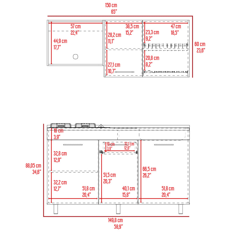 Cocina Miro Eco Duna Y Blanco 150x60cm Con Mesón Estufa Y Pozuelo Perforacion Derecha