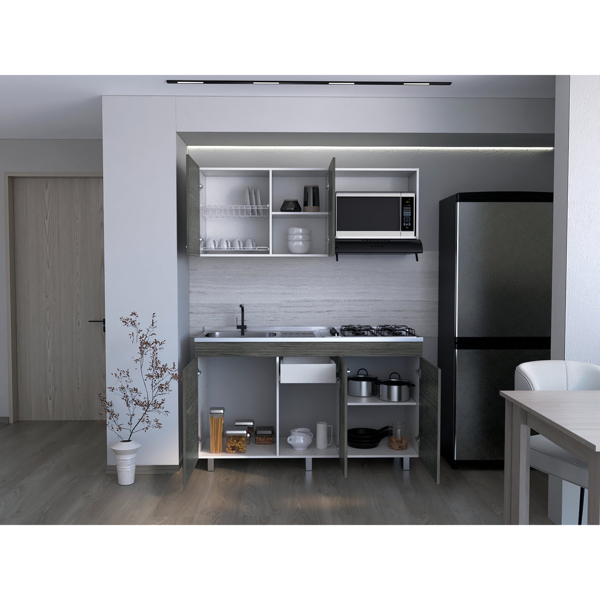 Cocina Miro Ceniza y Blanco 150x60cm Con Mesón Estufa y Pozuelo Perforacion Izquierda - COCINAS | Bylmo