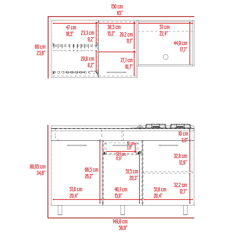 Cocina Miro Ceniza Y Blanco 150x60cm Con Mesón Estufa Y Pozuelo Perforacion Izquierda