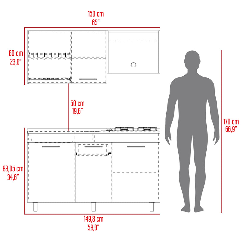 Cocina Miro Ceniza Y Blanco 150x60cm Con Mesón Estufa Y Pozuelo Perforacion Izquierda