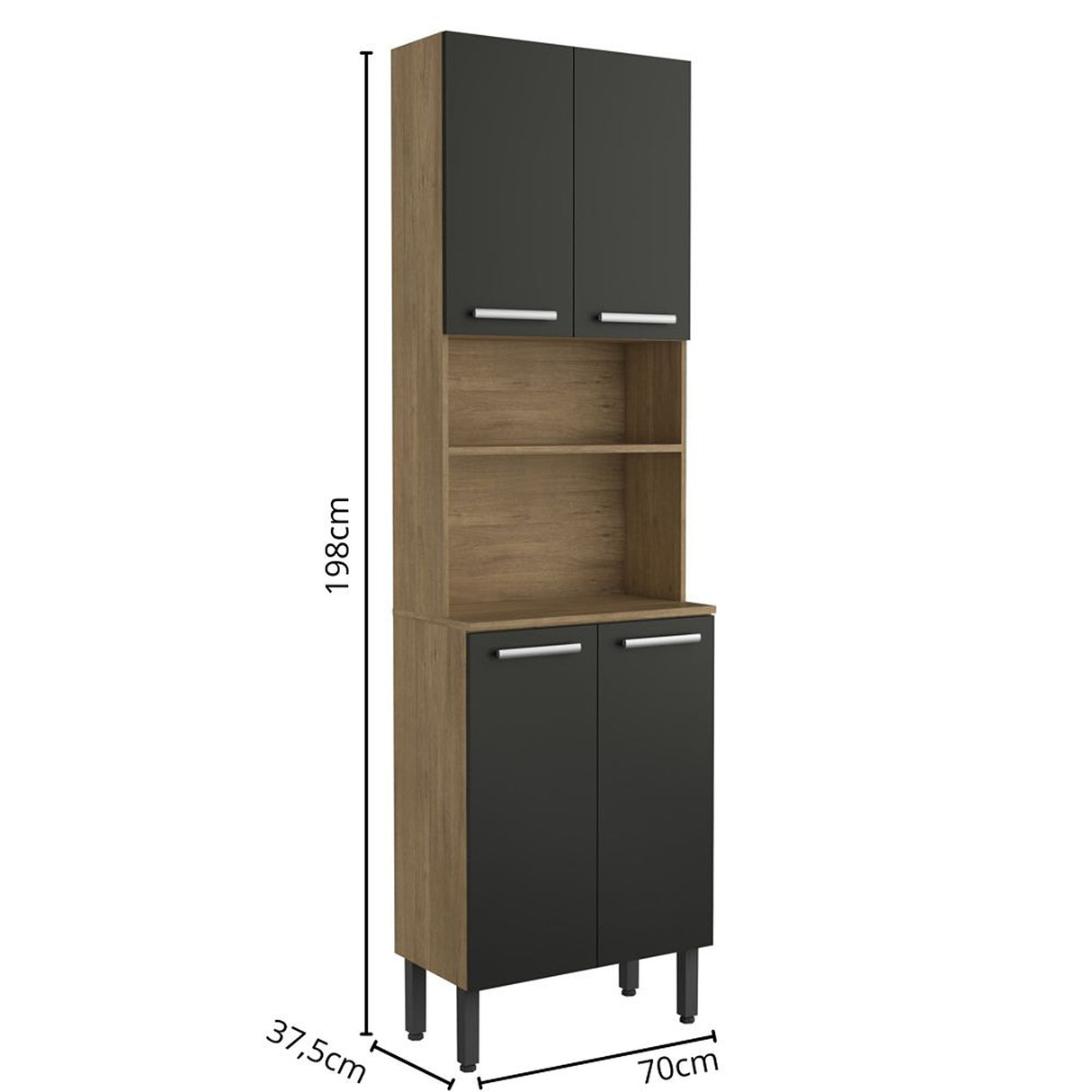 Alacena Negro y Grafito 70x198cm Con Cuatro Puertas y Con Patas - ALACENAS Y MUEBLES MICROONDAS | Bylmo