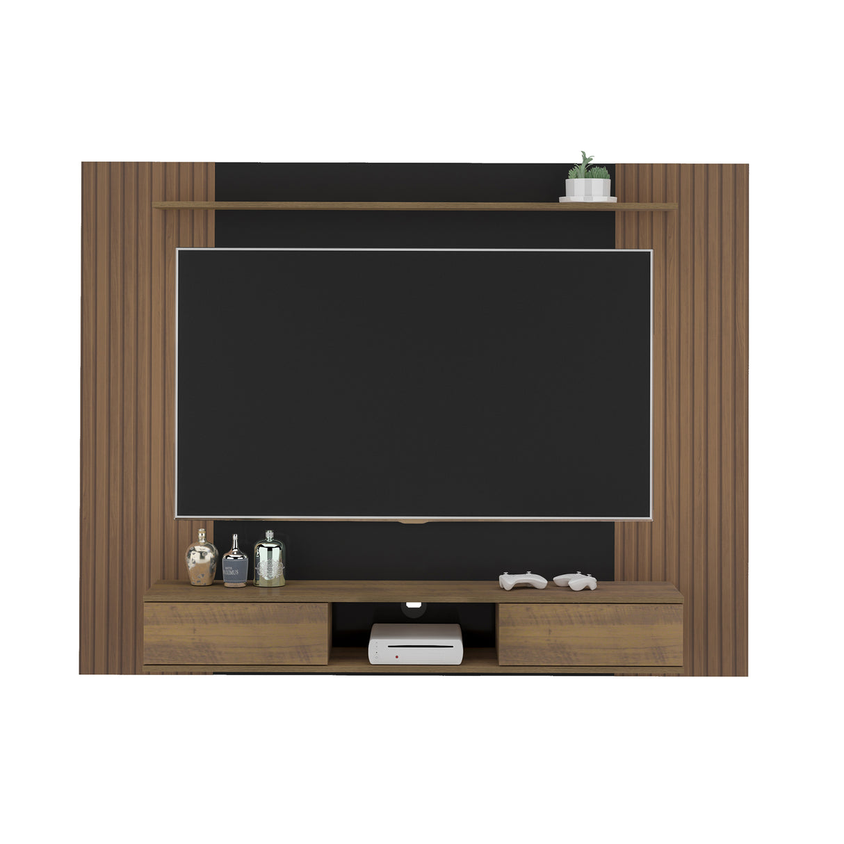 Panel de TV Pino Ripiado y Negro 176x135cm Flotante para Tv Hasta 75 Pulgadas - MUEBLES DE TV | Bylmo
