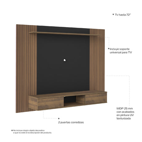 Panel de TV Pino Ripiado y Negro 176x135cm Flotante para Tv Hasta 75 Pulgadas - MUEBLES DE TV | Bylmo