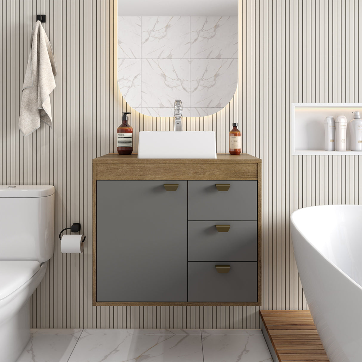 Mueble para Lavamanos Gris 70x77.2cm Sin Lavamanos y Con Tres Cajones - MUEBLES PARA LAVAMANOS | Bylmo