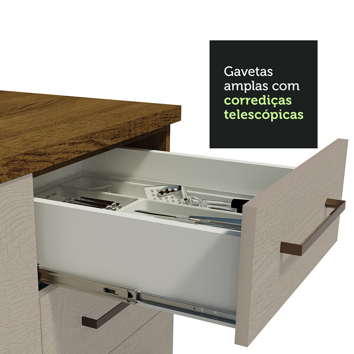 Mueble Auxiliar de Cocina Agata Marron y Crema 60x225cm Con Patas y Mesón de Madera