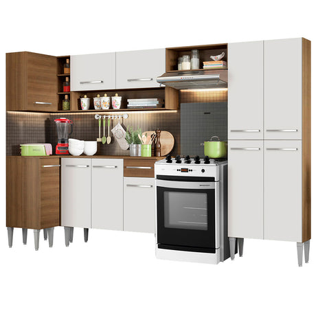 Cocina Integral Emilly Sun Blanco y Marron 353x186cm con Mesón y sin Pozuelo - COCINAS | Bylmo