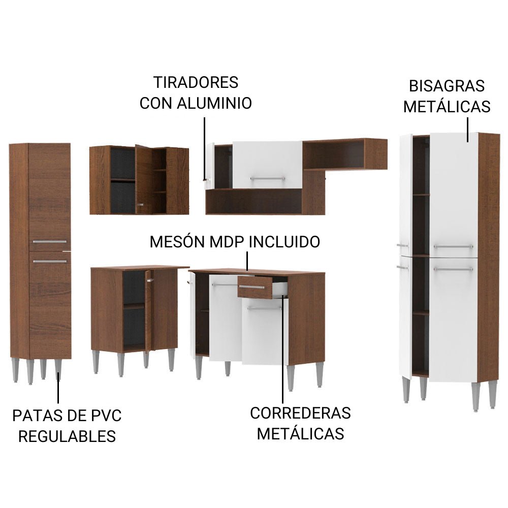 Cocina Integral Emilly Love Blanco y Marron 385x186cm con Mesón y sin Pozuelo - COCINAS | Bylmo