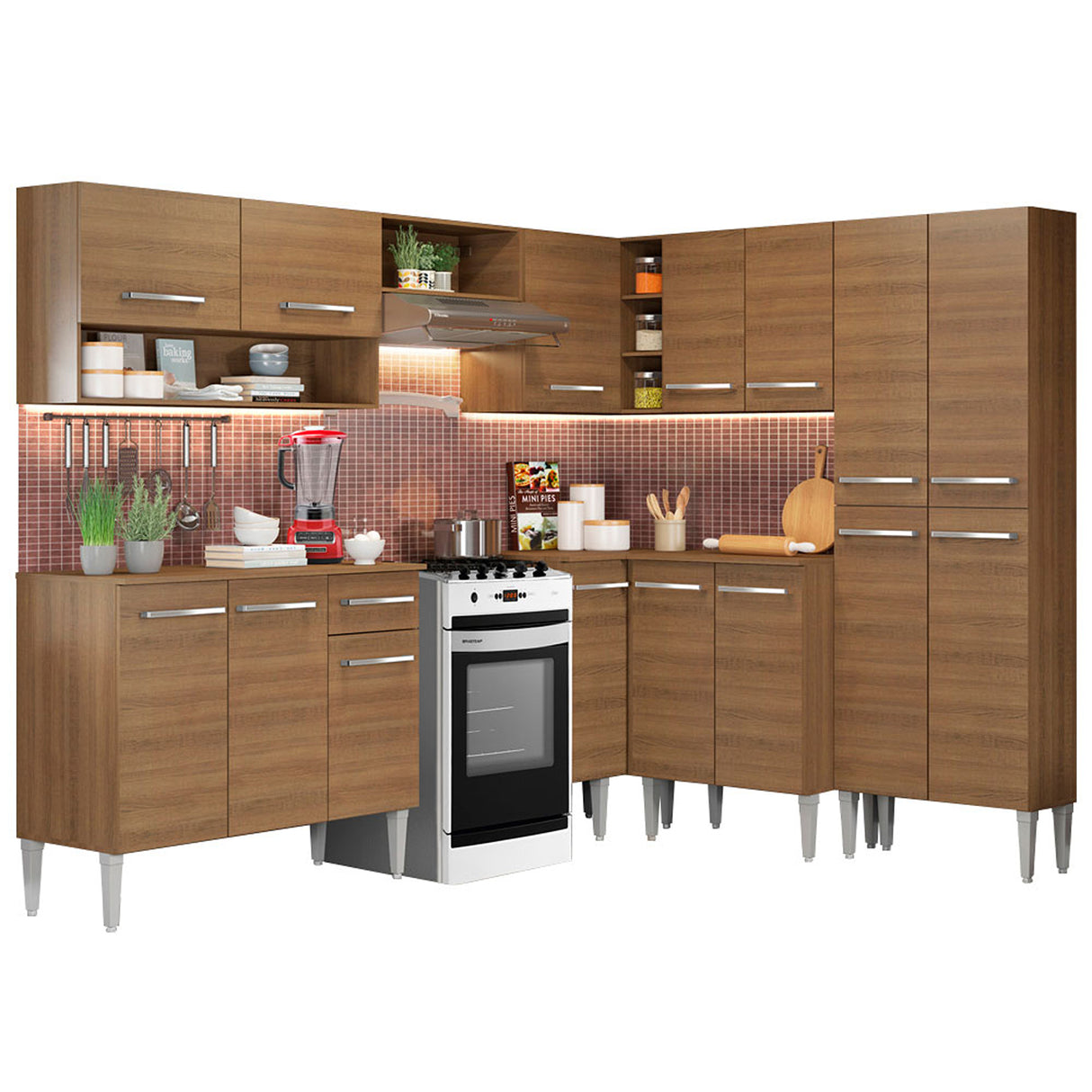 Cocina Integral Emilly Ice Marron 417x186cm con Mesón y sin Pozuelo - COCINAS | Bylmo