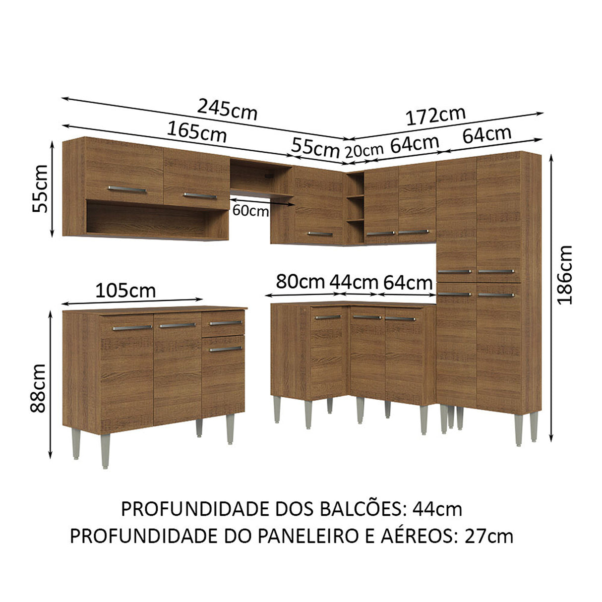 Cocina Integral Emilly Marron 417x186cm con Mesón y sin Pozuelo - COCINAS | Bylmo