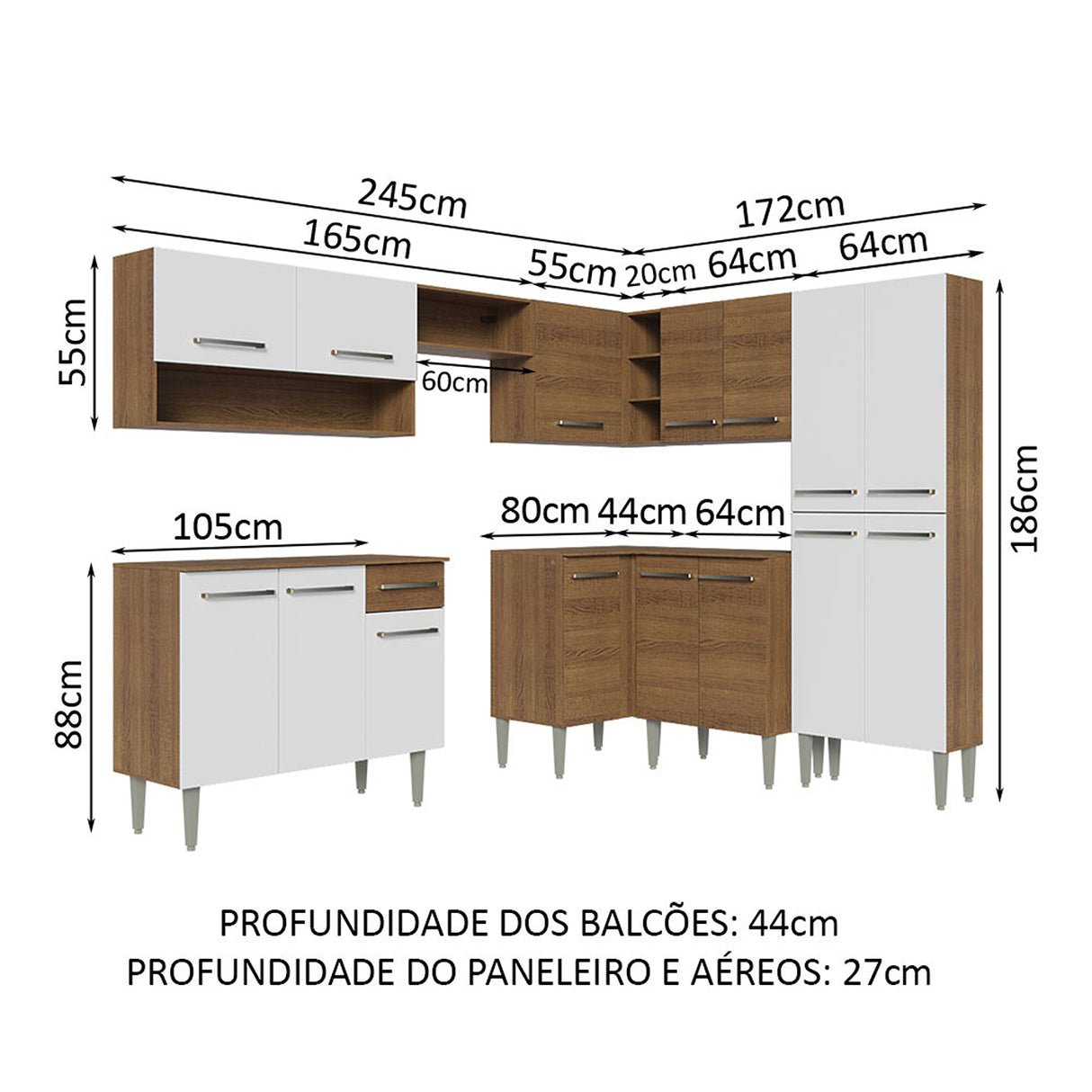 Cocina Integral Emilly Marron 417x186cm con Mesón sin Pozuelo y Un Cajón - COCINAS | Bylmo