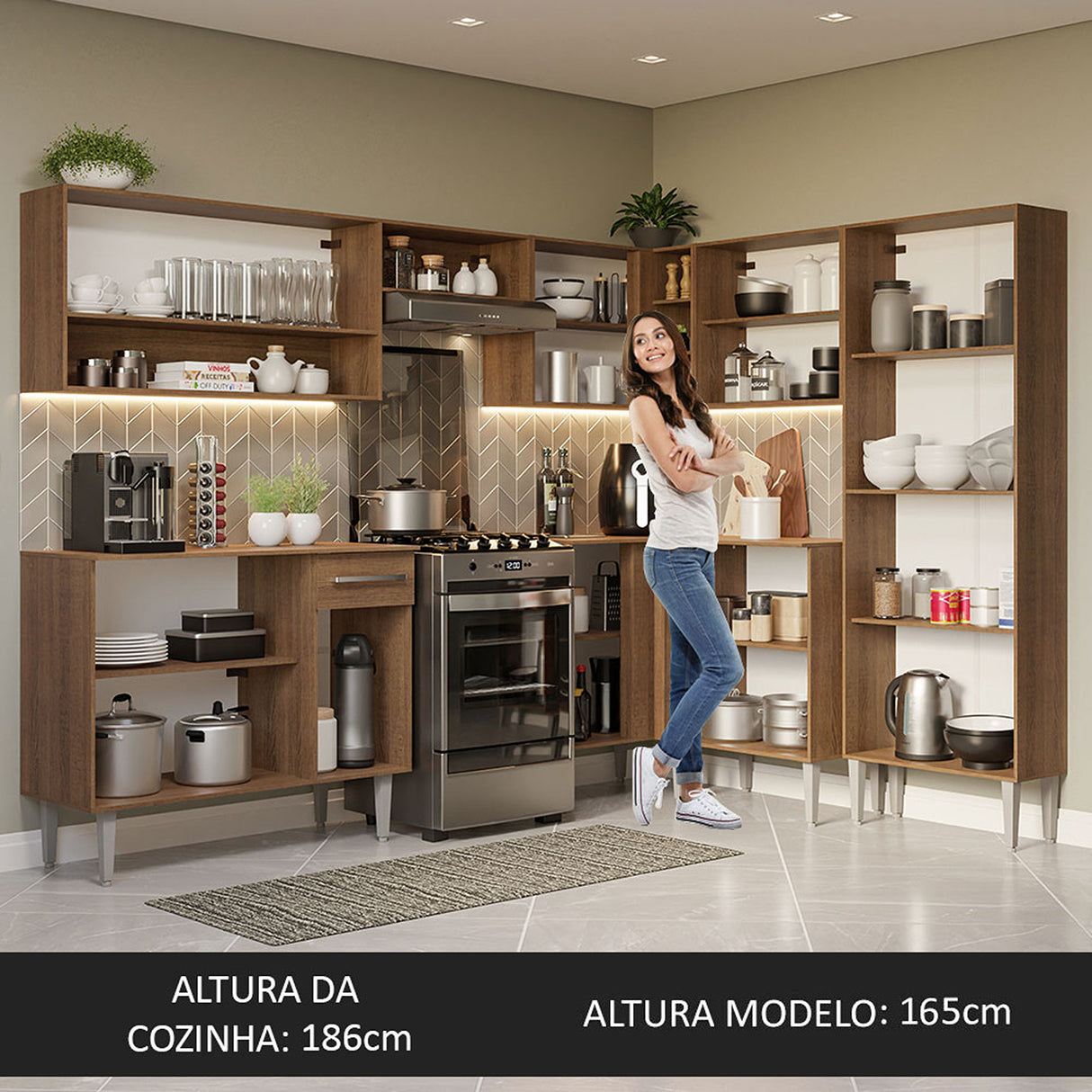 Cocina Integral Emilly Marron 417x186cm con Mesón sin Pozuelo y Un Cajón - COCINAS | Bylmo