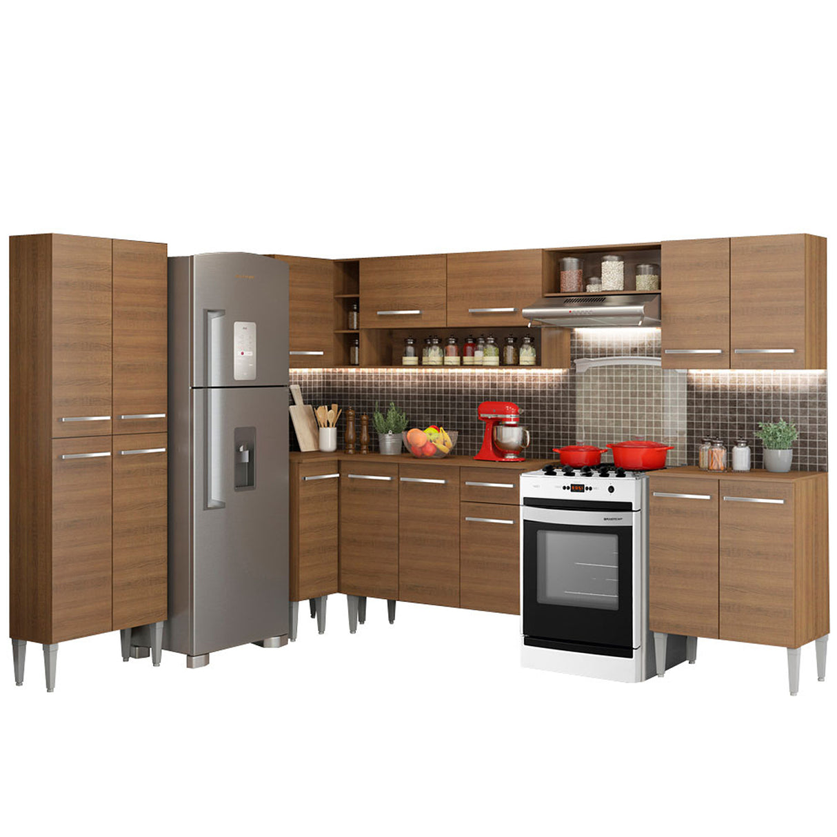 Cocina Integral Emilly Moon Marron 481x186cm con Mesón y sin Pozuelo - COCINAS | Bylmo