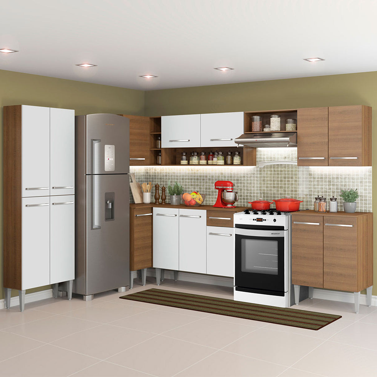 Cocina Integral Emilly Moon Blanco y Marron 481x186cm con Mesón y sin Pozuelo - COCINAS | Bylmo