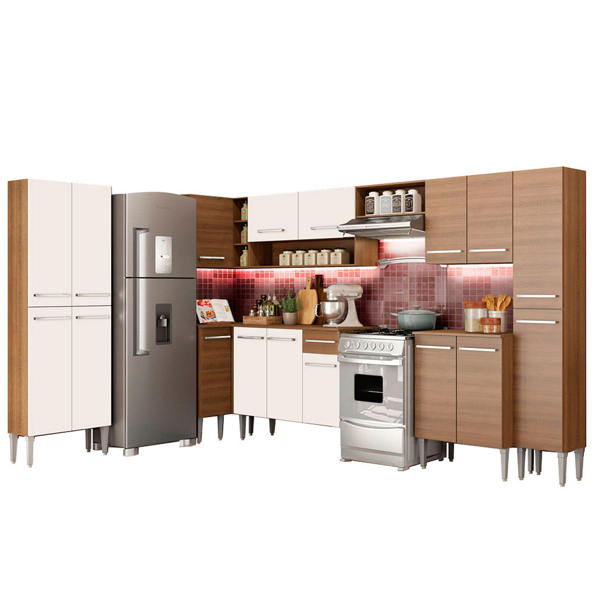 Cocina Integral Emilly Live Blanco y Marron 513x186cm con Mesón y sin Pozuelo - COCINAS | Bylmo