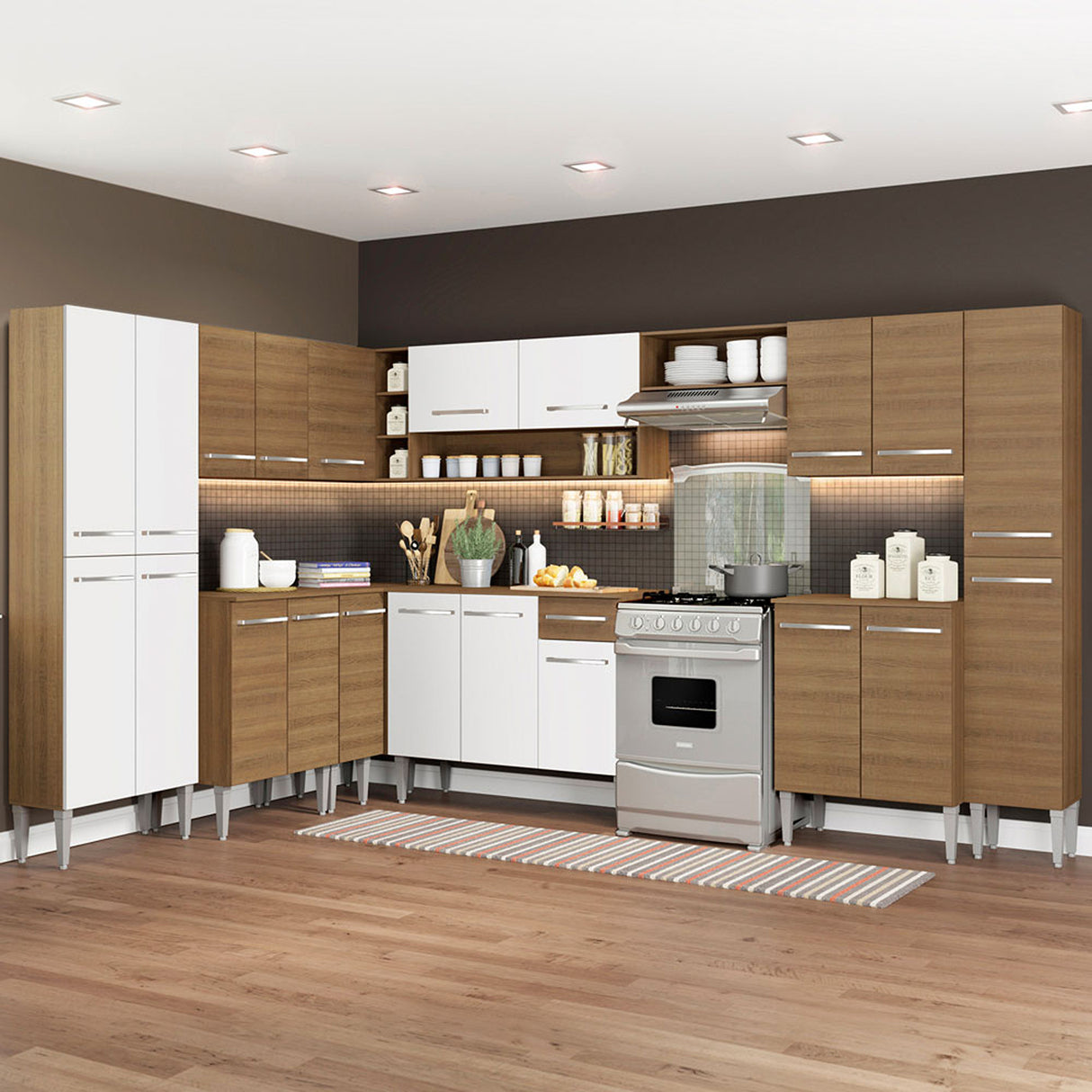 Cocina Integral Emilly Big Marron y Blanco 513x186cm con Mesón y sin Pozuelo - COCINAS | Bylmo