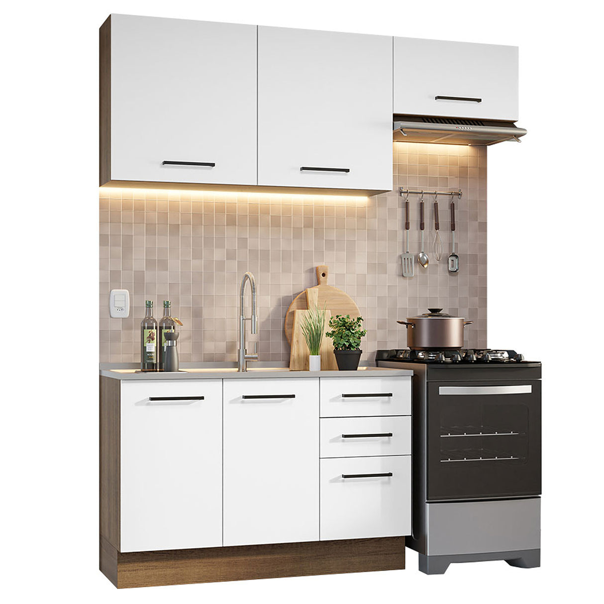 Cocina Integral Agata Marron y Blanco 180x225cm con Mesón y con Pozuelo - COCINAS | Bylmo