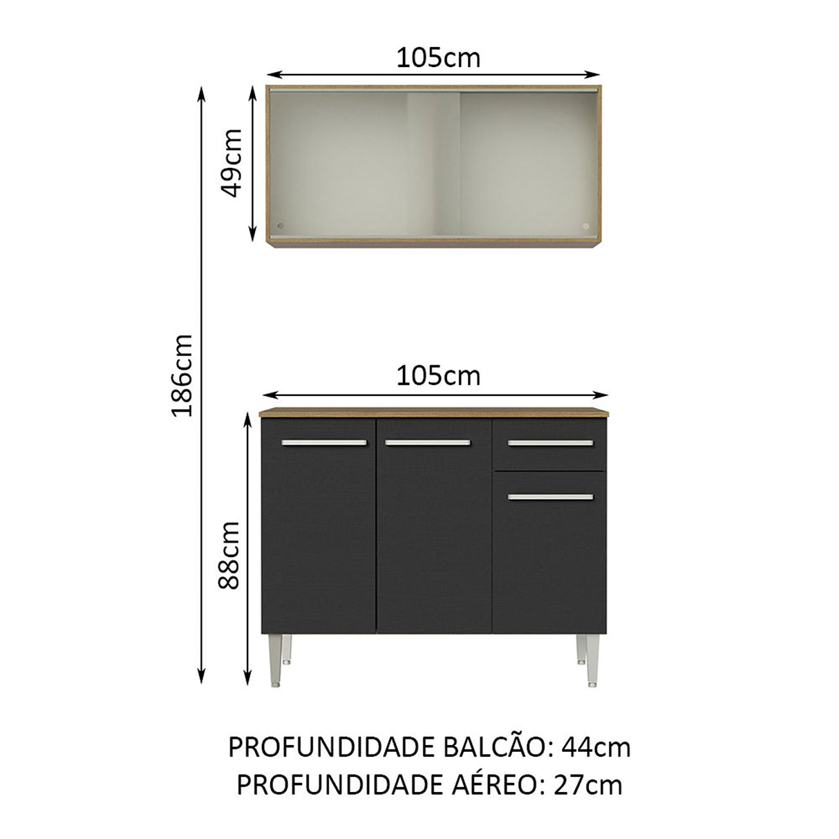 Cocina Integral Emilly Marron y Negro 105x186cm con Mesón y sin Pozuelo - COCINAS | Bylmo