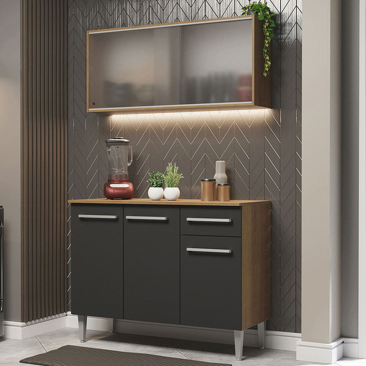 Cocina Integral Emilly Marron y Negro 105x186cm con Mesón y sin Pozuelo - COCINAS | Bylmo