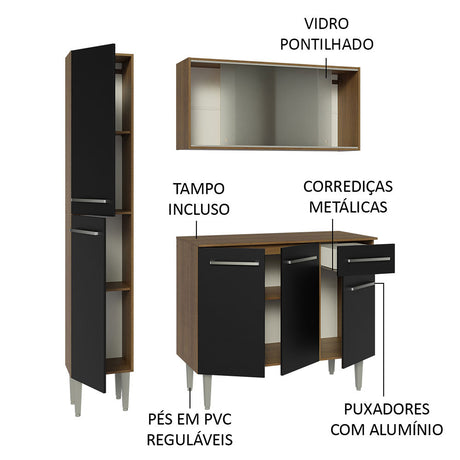 Cocina Integral Emilly Marron y Negro 137x186cm con Mesón de Madera sin Pozuelo y Siete Puertas - COCINAS | Bylmo