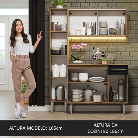 Cocina Integral Emilly Marron y Negro 137x186cm con Mesón de Madera sin Pozuelo y Siete Puertas - COCINAS | Bylmo
