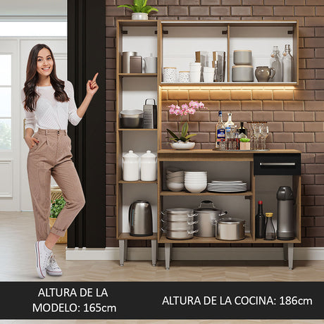 Cocina Integral Emilly Marron y Negro 137x186cm con Mesón de Madera y sin Pozuelo - COCINAS | Bylmo