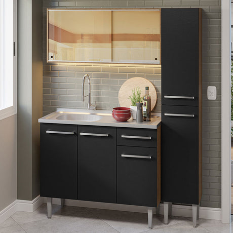 Cocina Integral Emilly Marron y Negro 137x186cm con Mesón y Pozuelo de Acero - COCINAS | Bylmo