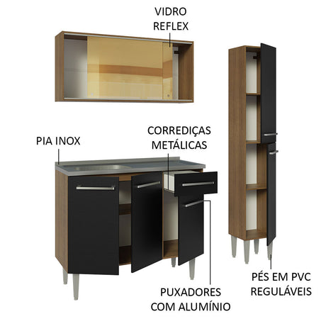 Cocina Integral Emilly Marron y Negro 137x186cm con Mesón y Pozuelo de Acero - COCINAS | Bylmo
