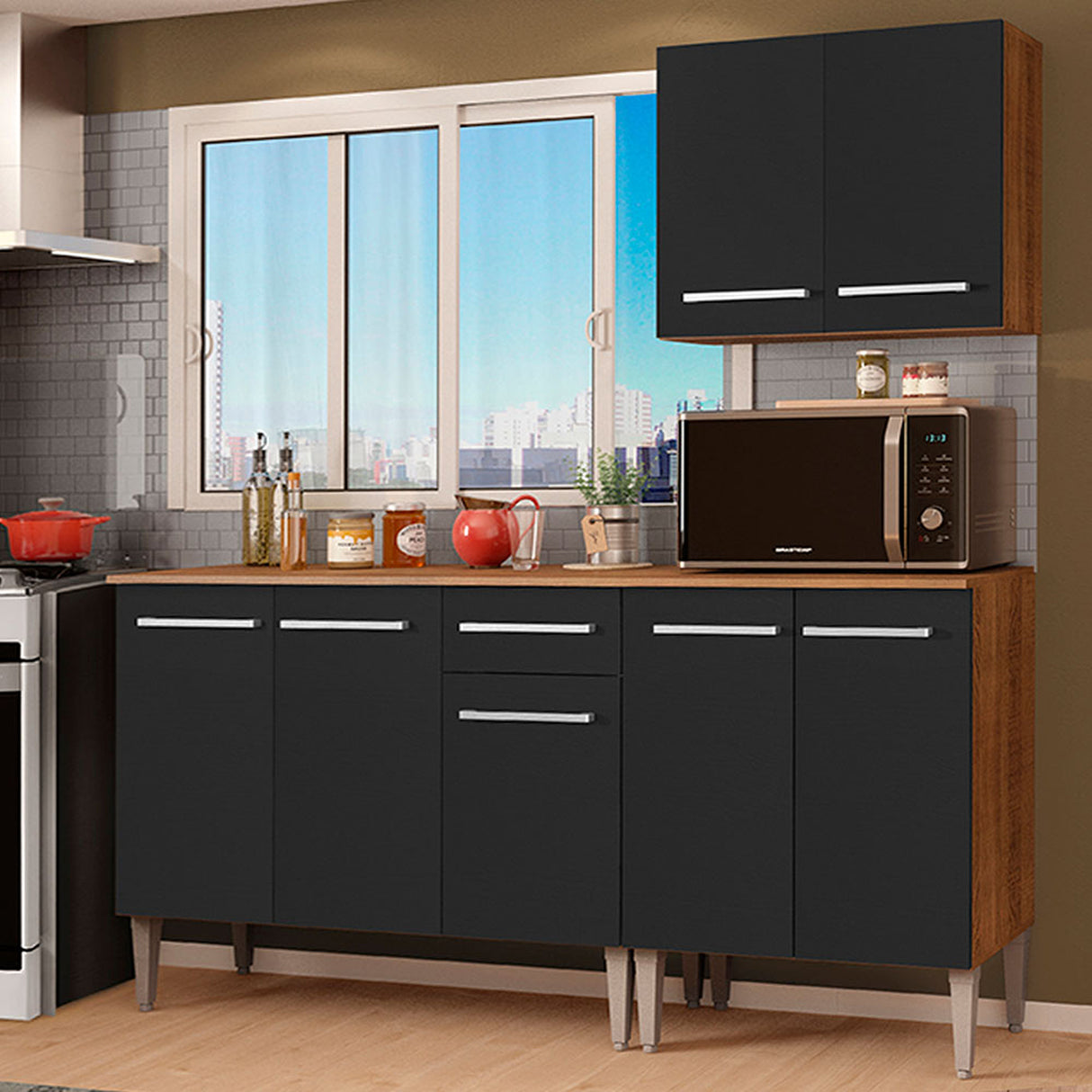 Cocina Integral Emilly Free Marron y Negro 169x186cm con Mesón de Madera - COCINAS | Bylmo