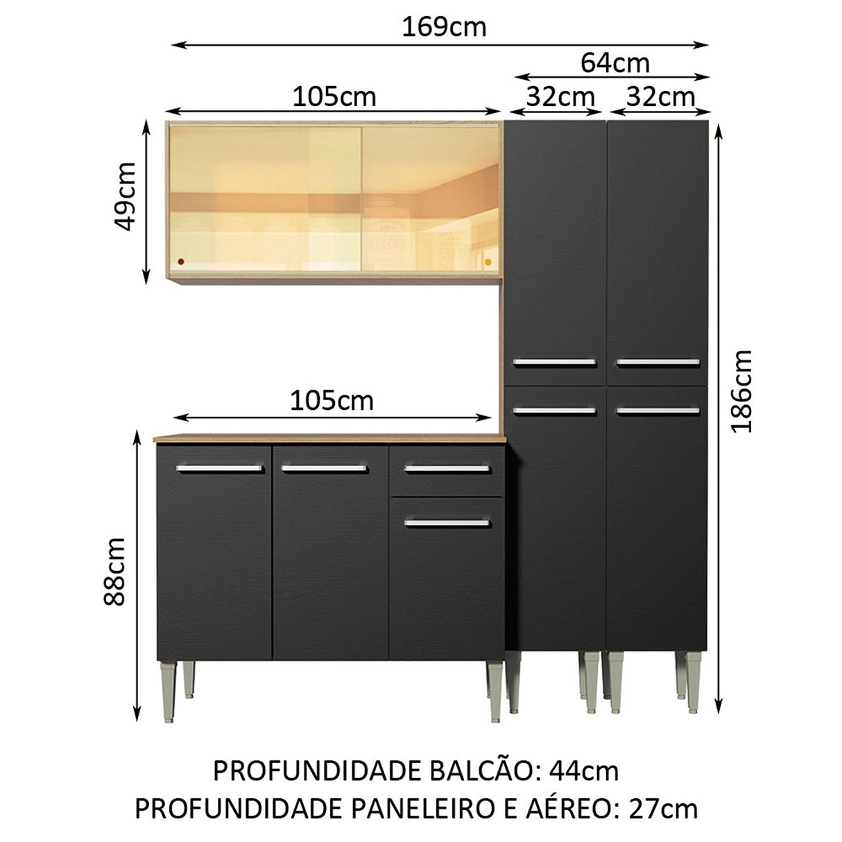 Cocina Integral Emilly Voice Marron y Negro 169x186cm con Mesón y sin Pozuelo - COCINAS | Bylmo